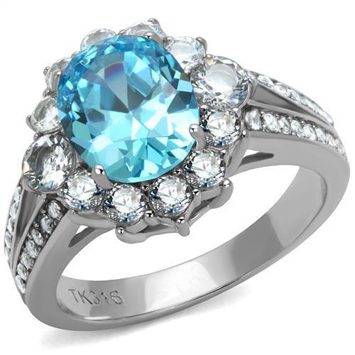 JCE2977 High polished (no plating) Stainless Steel Ring with AAA Grade CZ  in Sea Blue