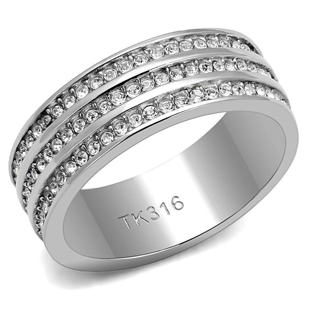 JCE3028 High polished (no plating) Stainless Steel Ring with Top Grade Crystal  in Clear