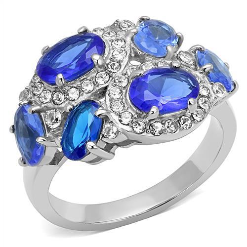 JCE3030 High polished (no plating) Stainless Steel Ring with Synthetic Synthetic Glass in Sapphire
