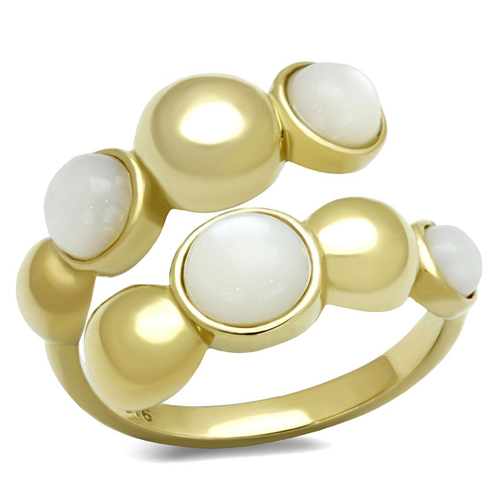 JCE3090 IP Gold(Ion Plating) Stainless Steel Ring with Semi-Precious Coral in Aurora Borealis (Rainbow Effect)