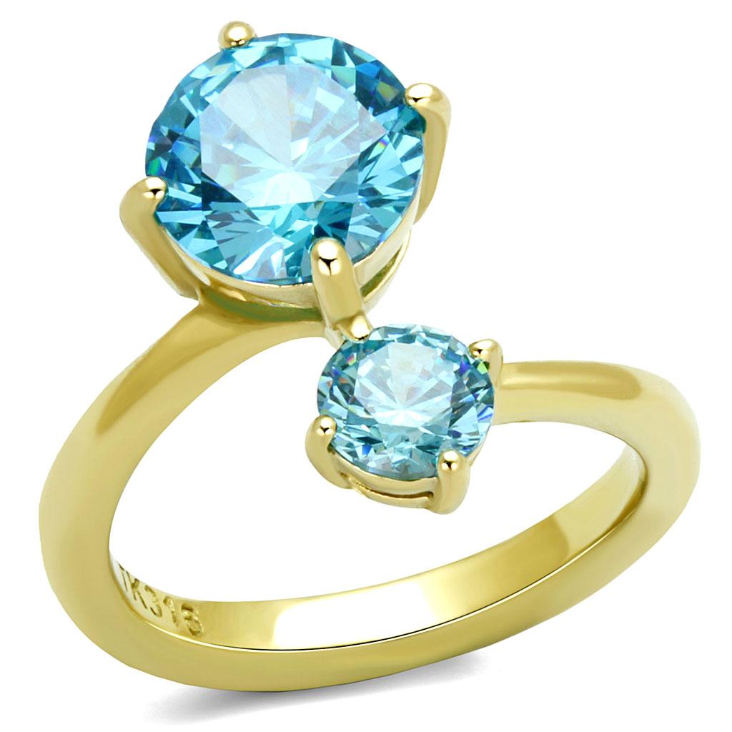 JCE3092 IP Gold(Ion Plating) Stainless Steel Ring with AAA Grade CZ in Sea Blue