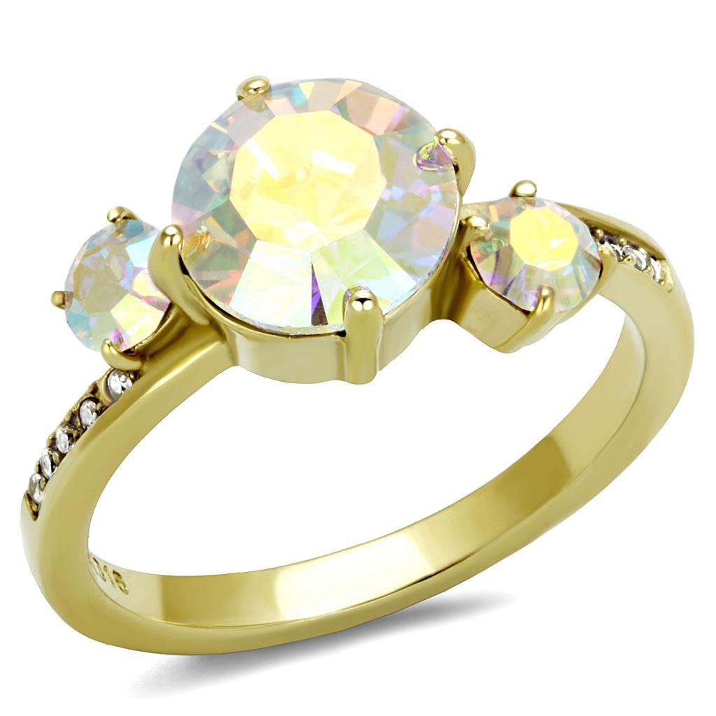 JCE3095 IP Gold(Ion Plating) Stainless Steel Ring with Top Grade Crystal in Multi Color