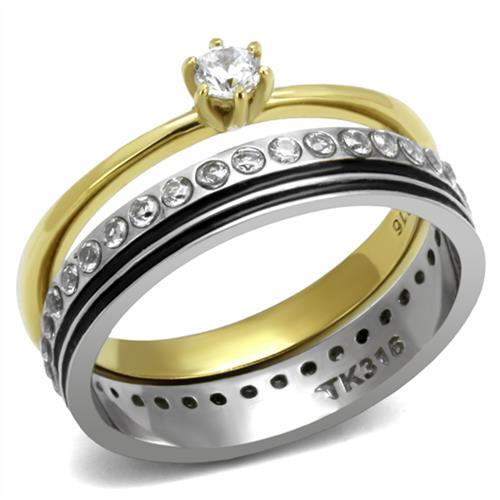 JCE3108 Two-Tone IP Gold (Ion Plating) Stainless Steel Ring with AAA Grade CZ  in Clear