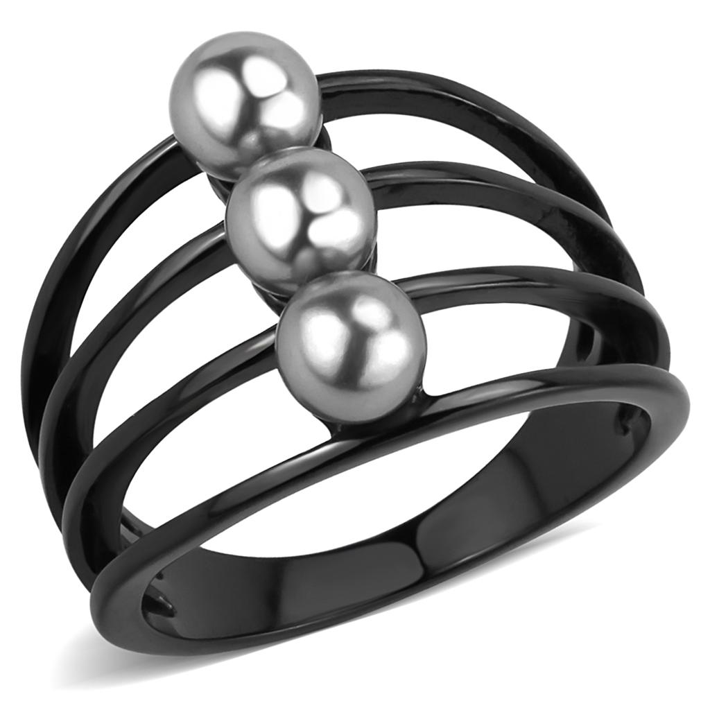 JCE3454 IP Black(Ion Plating) Stainless Steel Ring with Synthetic Pearl in Gray