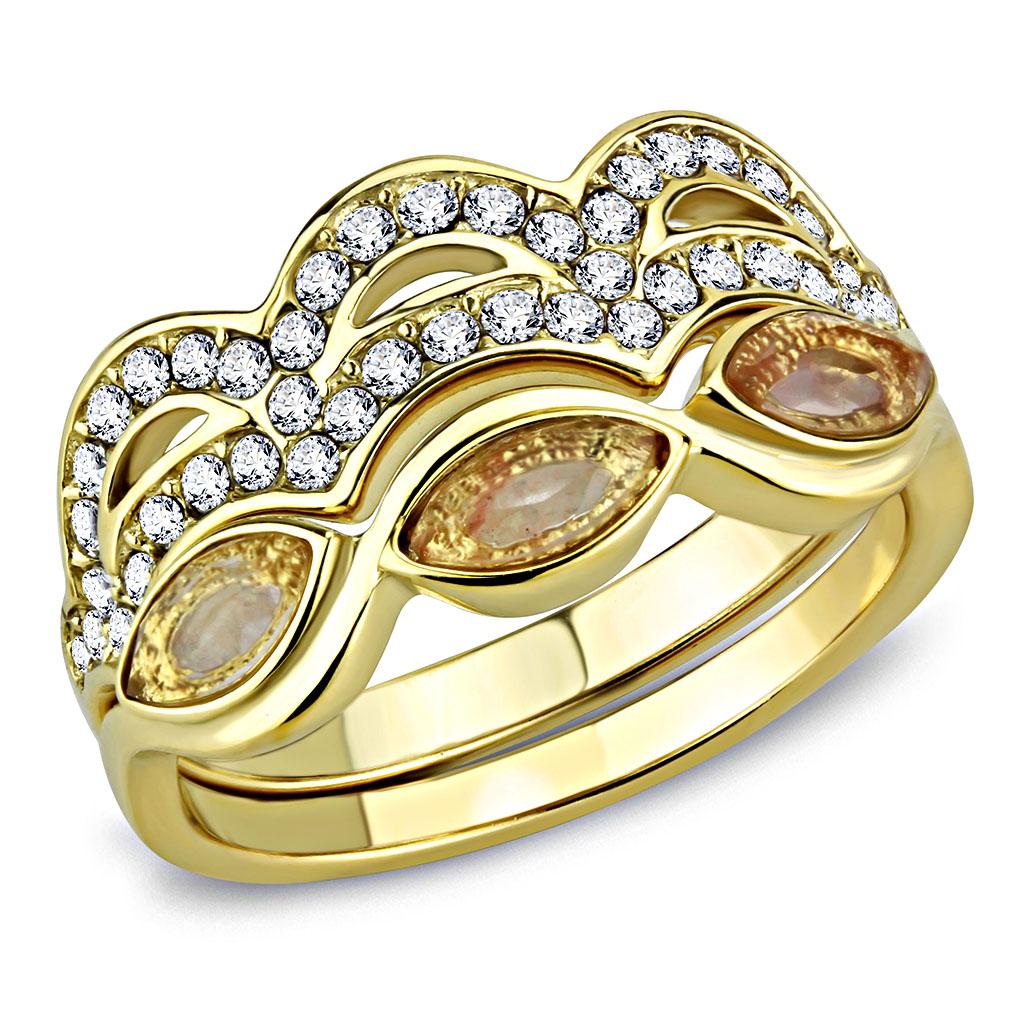 JCE3521 IP Gold(Ion Plating) Stainless Steel Ring with Synthetic Synthetic Glass in Light Peach