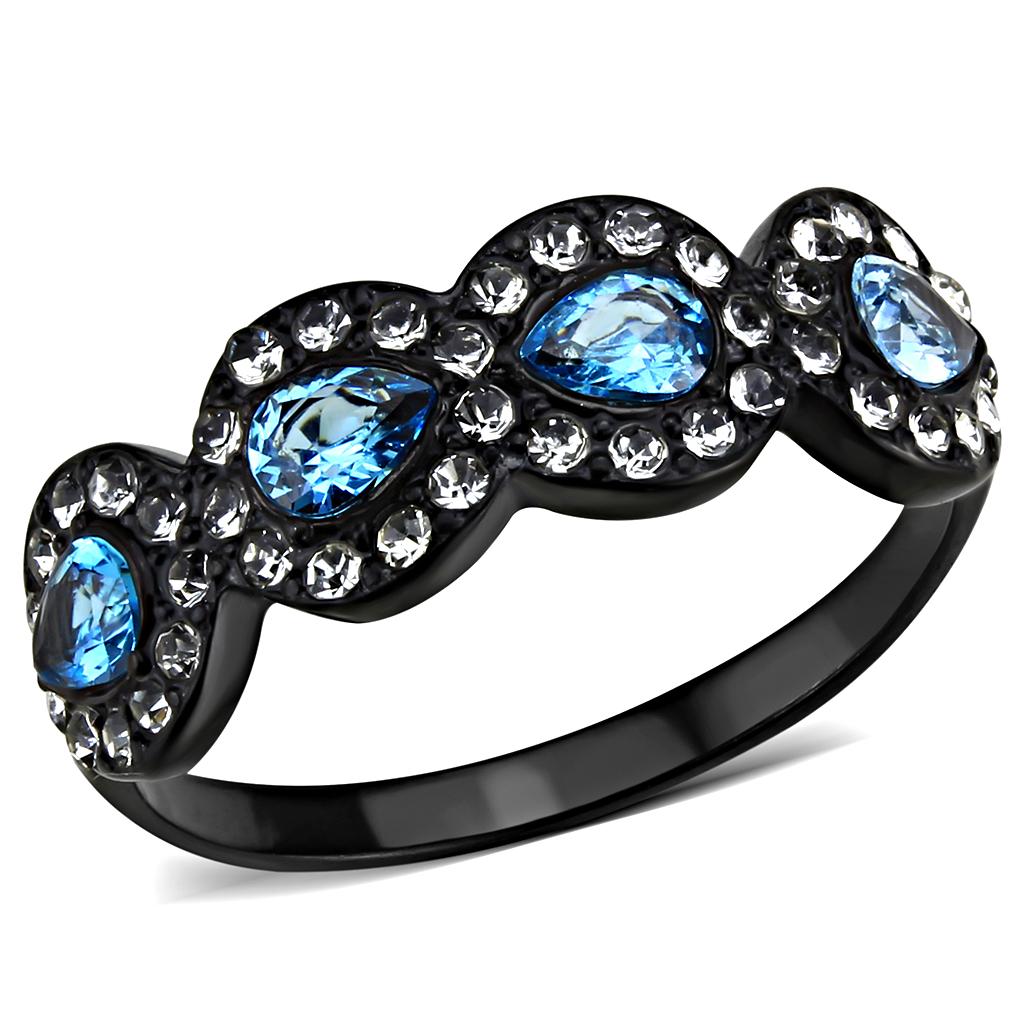 JCE3559 IP Black(Ion Plating) Stainless Steel Ring with AAA Grade CZ  in Sea Blue
