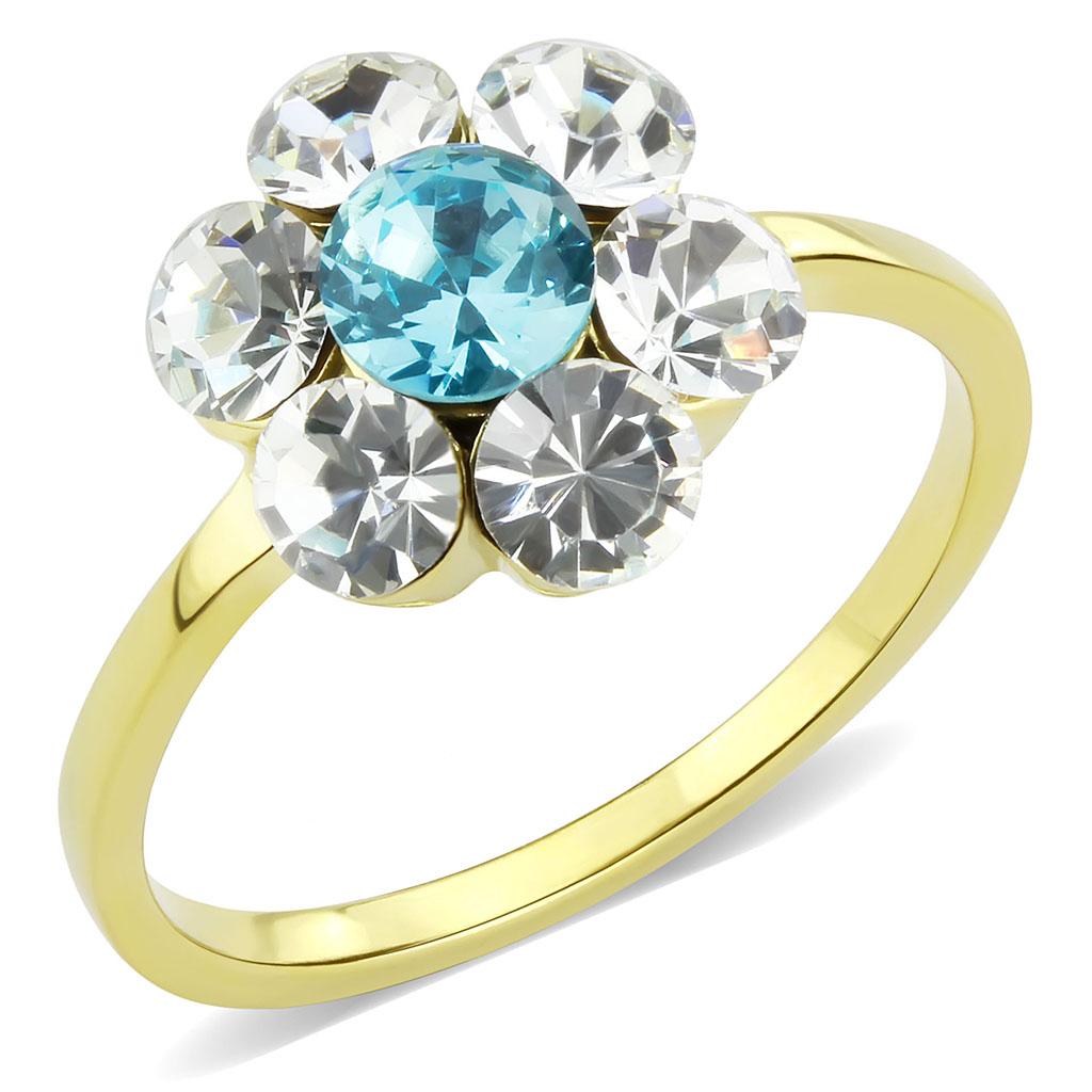 JCE3642 IP Gold(Ion Plating) Stainless Steel Ring with Synthetic Synthetic Glass in Sea Blue