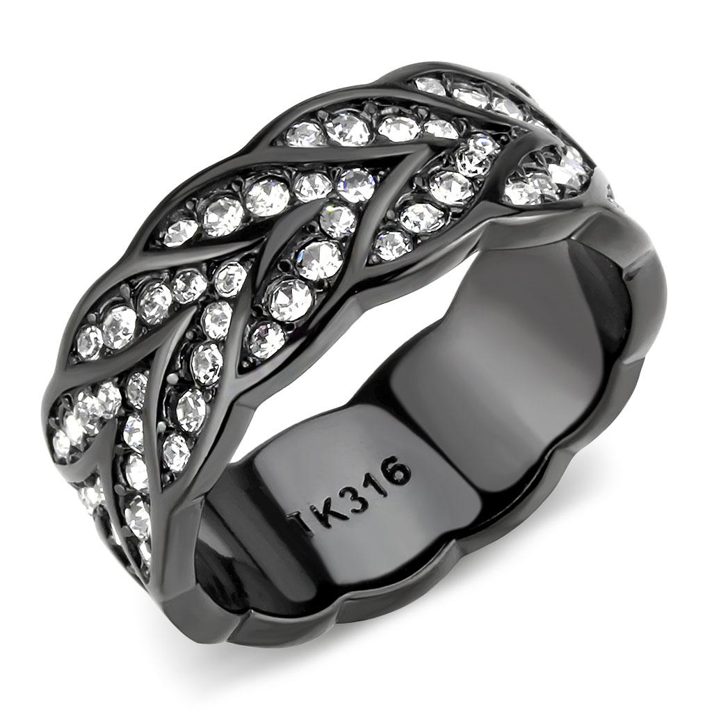 JCE3691 IP Black(Ion Plating) Stainless Steel Ring with Top Grade Crystal  in Clear