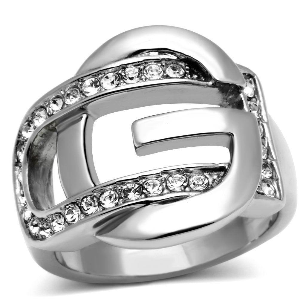 JCE634 High polished (no plating) Stainless Steel Ring with Top Grade Crystal  in Clear